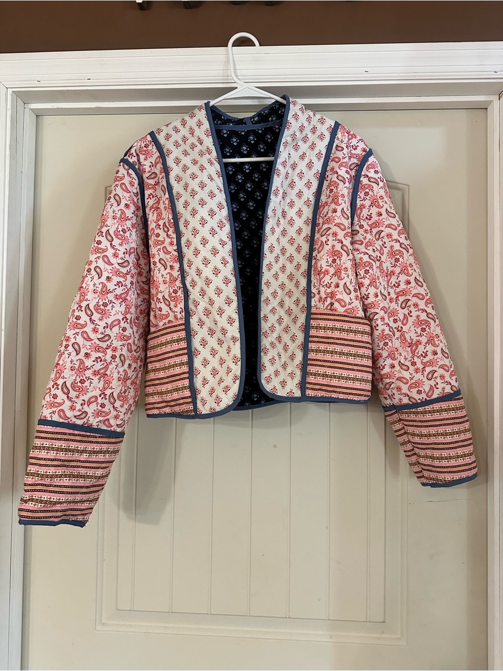 Pink Patterned Quilted Open-Front Crop Blazer